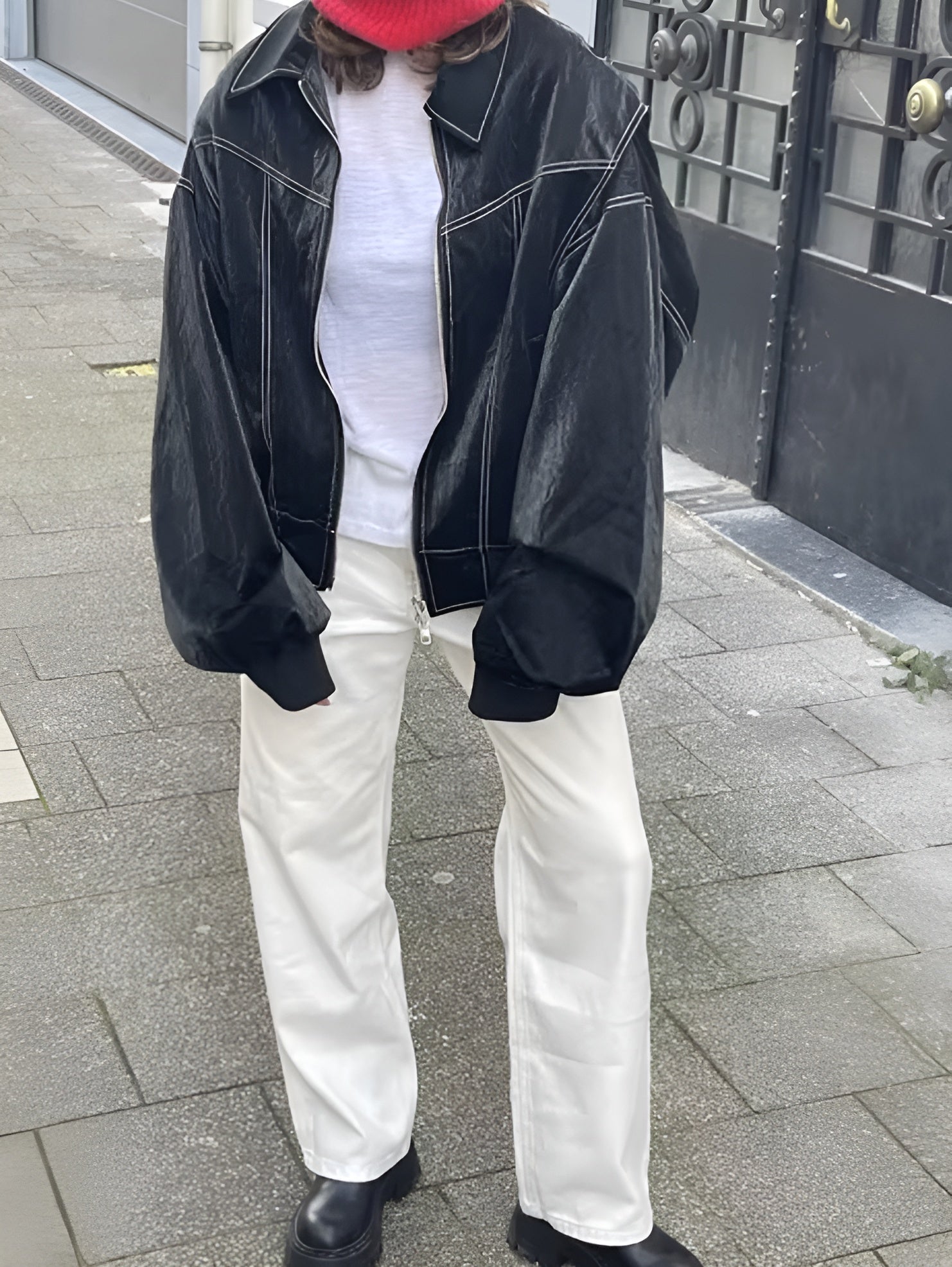 Hyacinth - Trendy imitation leather bomber jacket