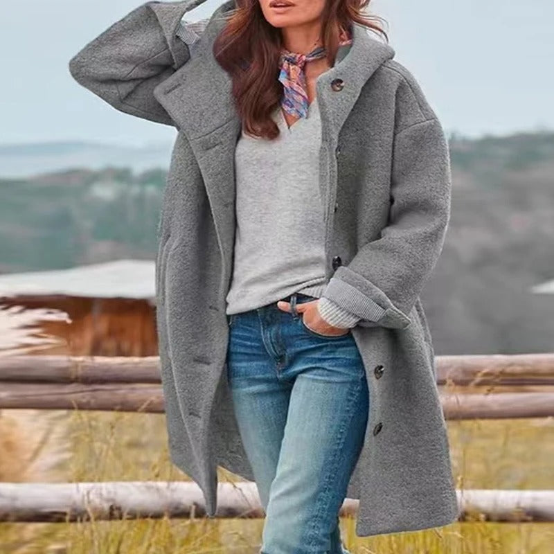 Saskia - Long hooded coat with button