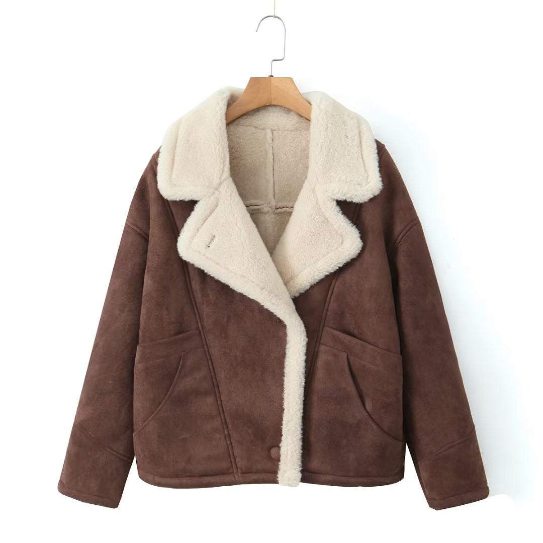 Elspeth - Women's Suede Leather Jacket, Lapel Pockets